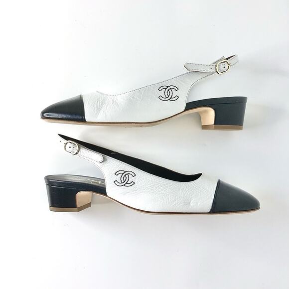 NEW Chanel Calfskin CC Logo Cap Toe White Dark Navy Slingback Low Heel Pumps 36 - Picture 6 of 11